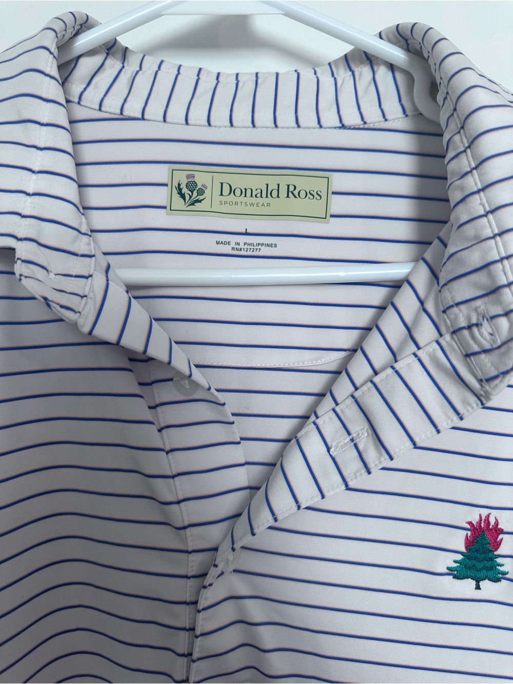 Donald Ross Men's White Polo with Navy Pinstripes
